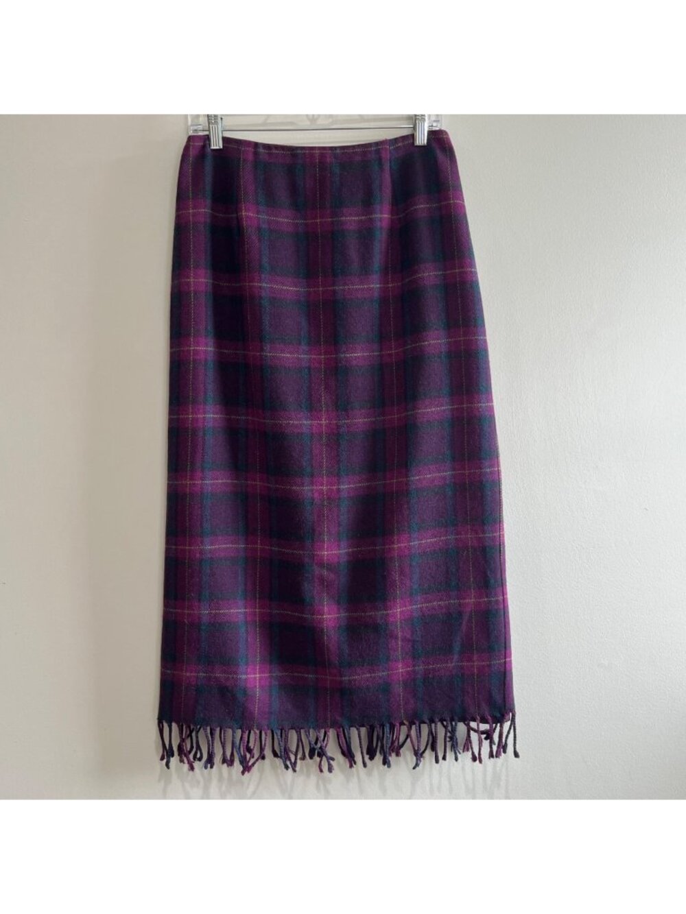 Worthington Wool Plaid Midi Skirt Womens 8 Purple Fringed Hem